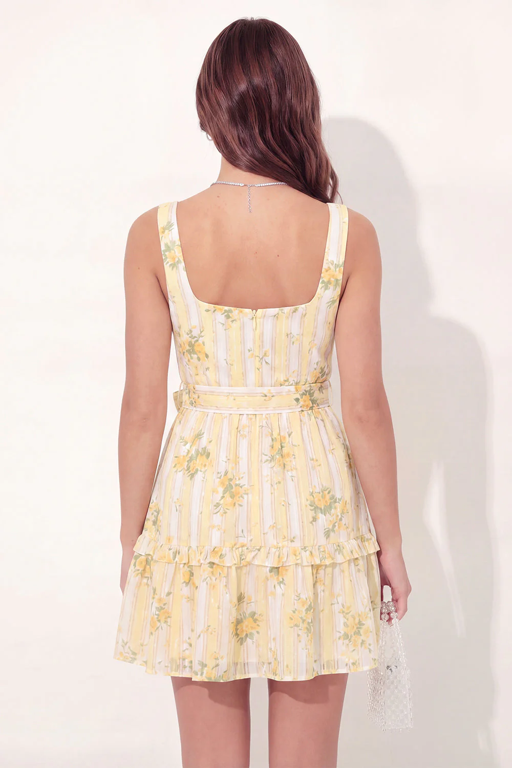 Yellow Floral Square Neck A Line Mini Graduation Dress with Belt - Image 2