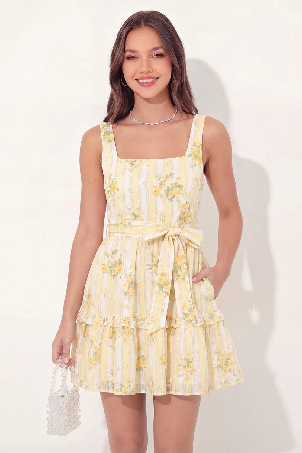 Yellow Floral Square Neck A Line Mini Graduation Dress with Belt - Image 3