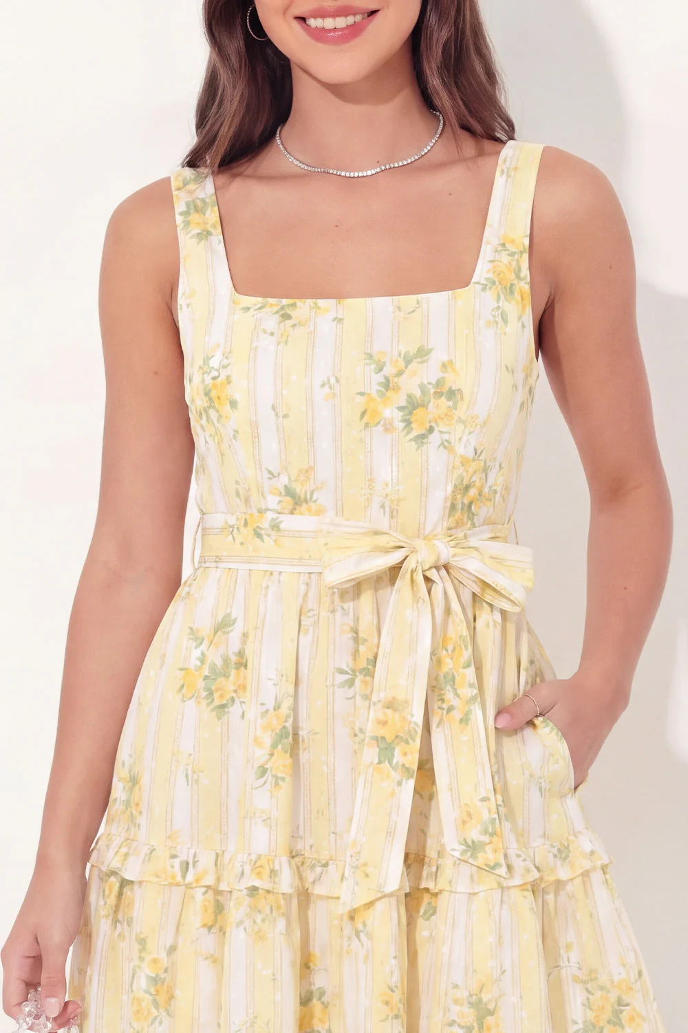 Yellow Floral Square Neck A Line Mini Graduation Dress with Belt - Image 4