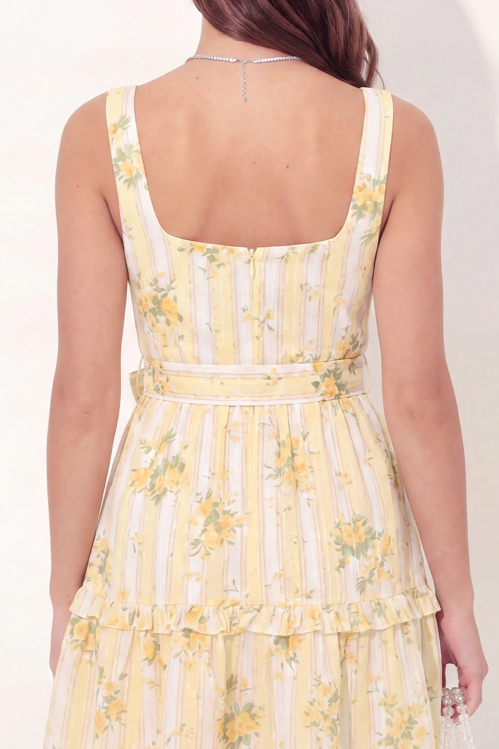 Yellow Floral Square Neck A Line Mini Graduation Dress with Belt - Image 5