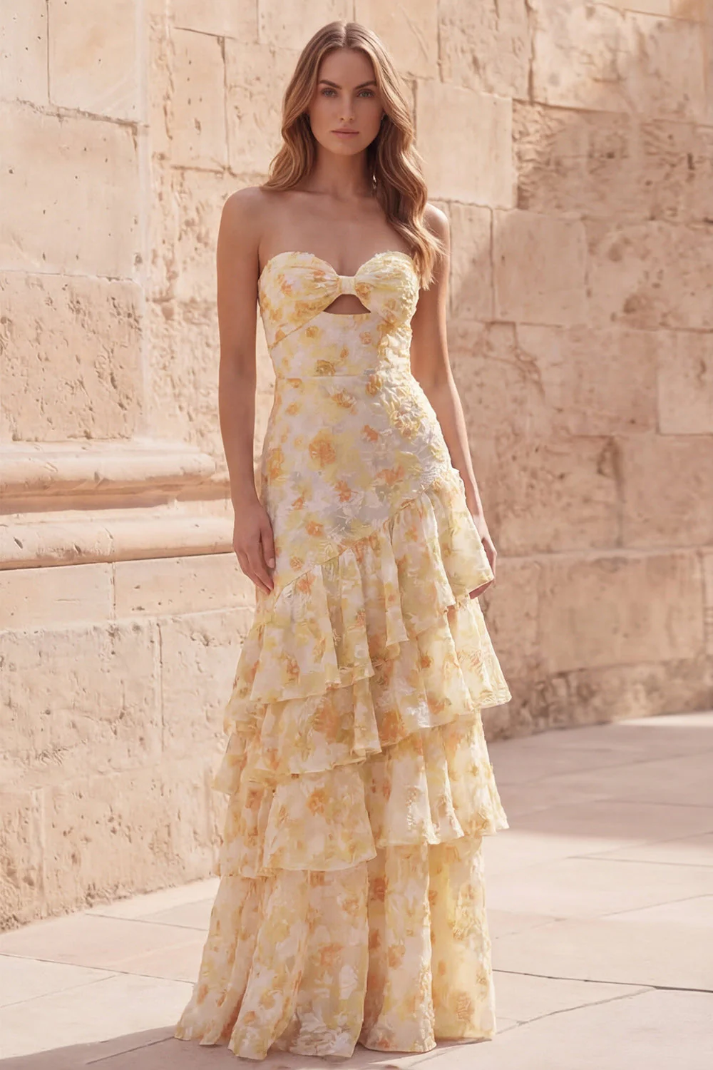 Yellow Flower Sweetheart Sheath Cut Out Long Prom Dress with Ruffles