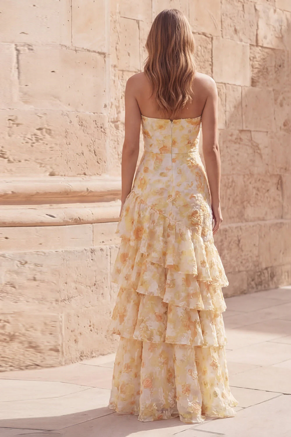 Yellow Flower Sweetheart Sheath Cut Out Long Prom Dress with Ruffles - Image 2