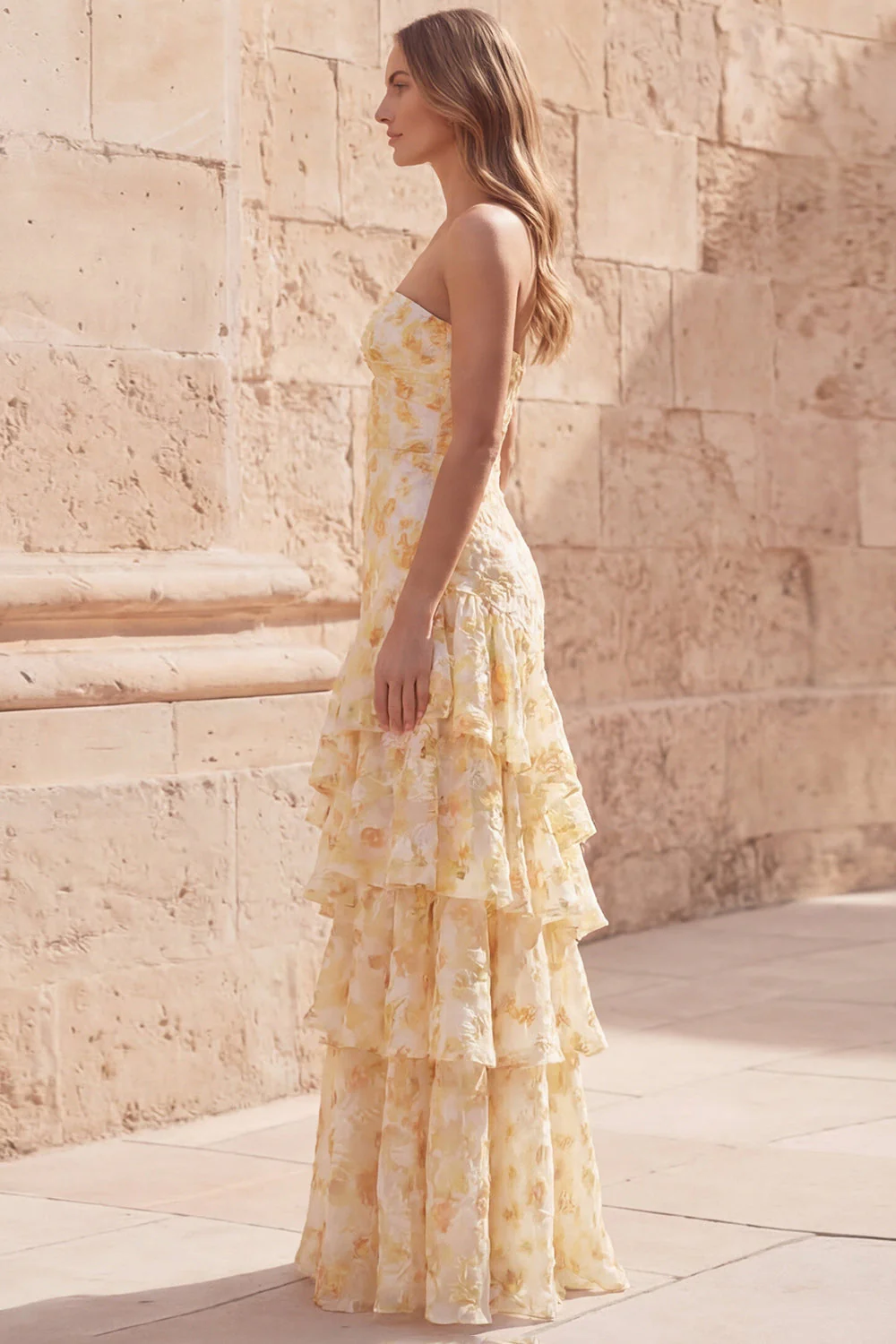 Yellow Flower Sweetheart Sheath Cut Out Long Prom Dress with Ruffles - Image 3