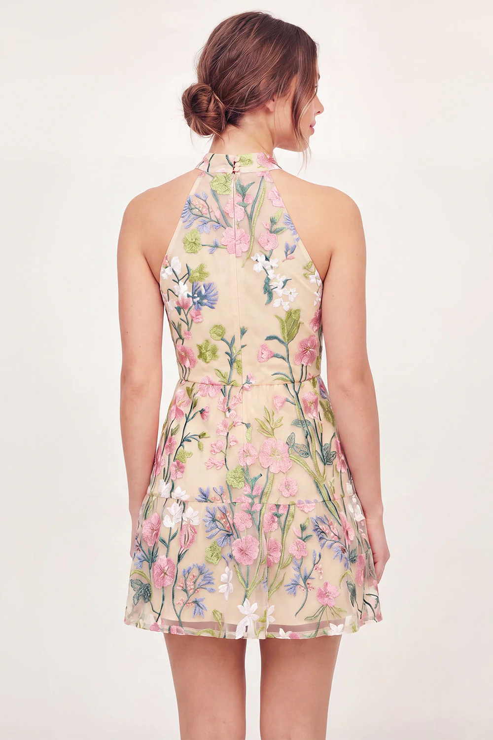 Yellow Halter Neck Tulle Floral Embroidered Mini Graduation Dress - Image 2