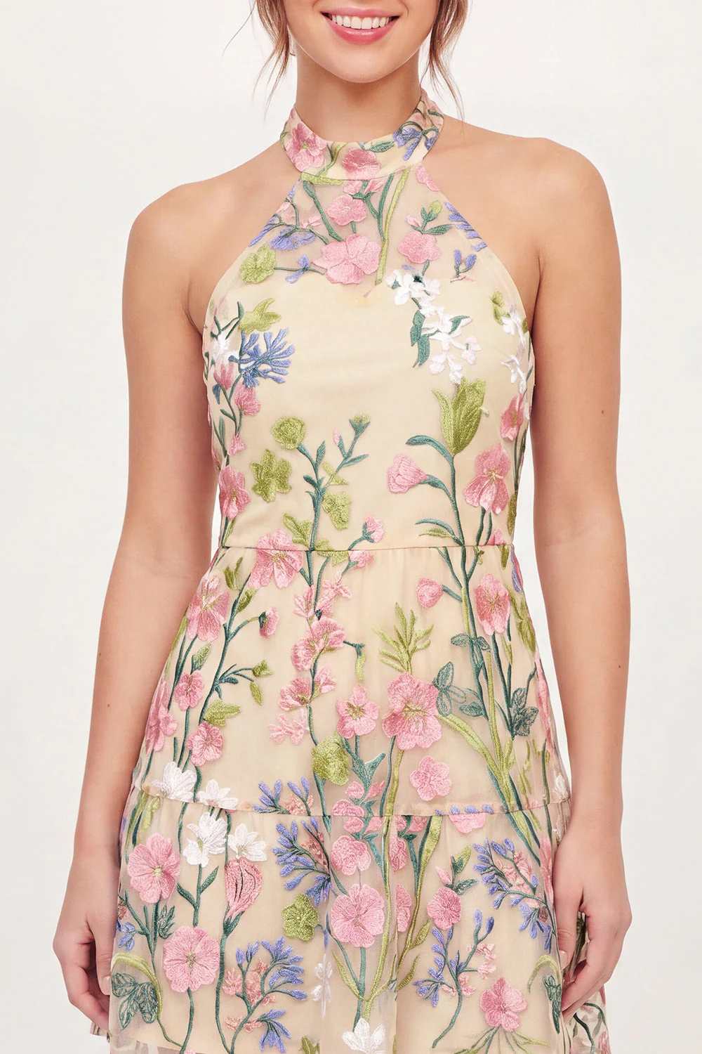 Yellow Halter Neck Tulle Floral Embroidered Mini Graduation Dress - Image 3