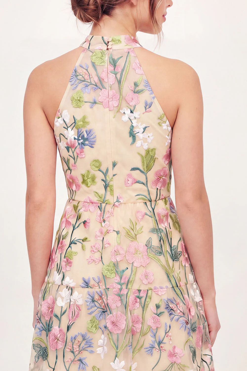 Yellow Halter Neck Tulle Floral Embroidered Mini Graduation Dress - Image 4
