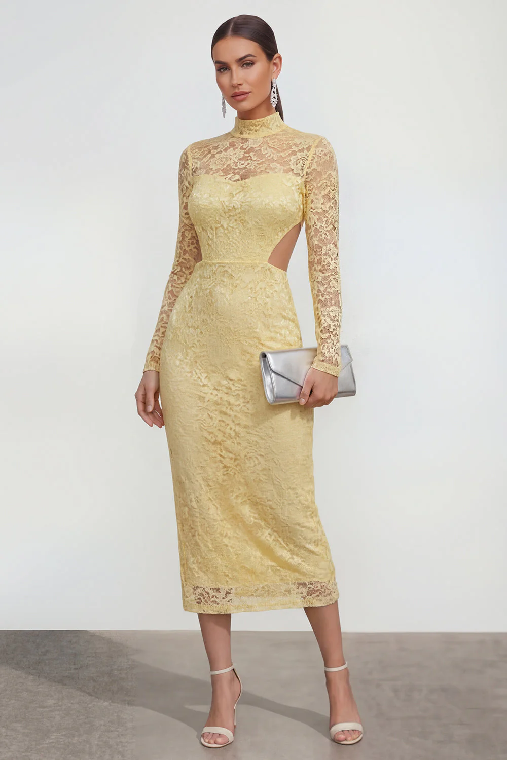 Yellow High Neck Long Sleeves Lace Midi Dress with Slit