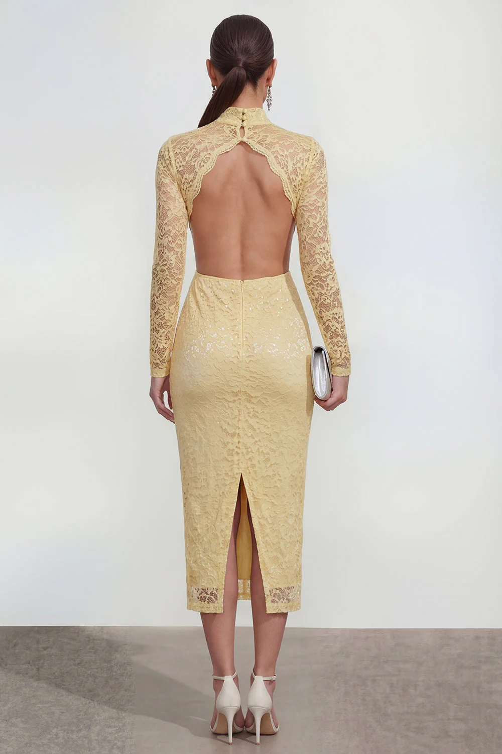 Yellow High Neck Long Sleeves Lace Midi Dress with Slit - Image 2