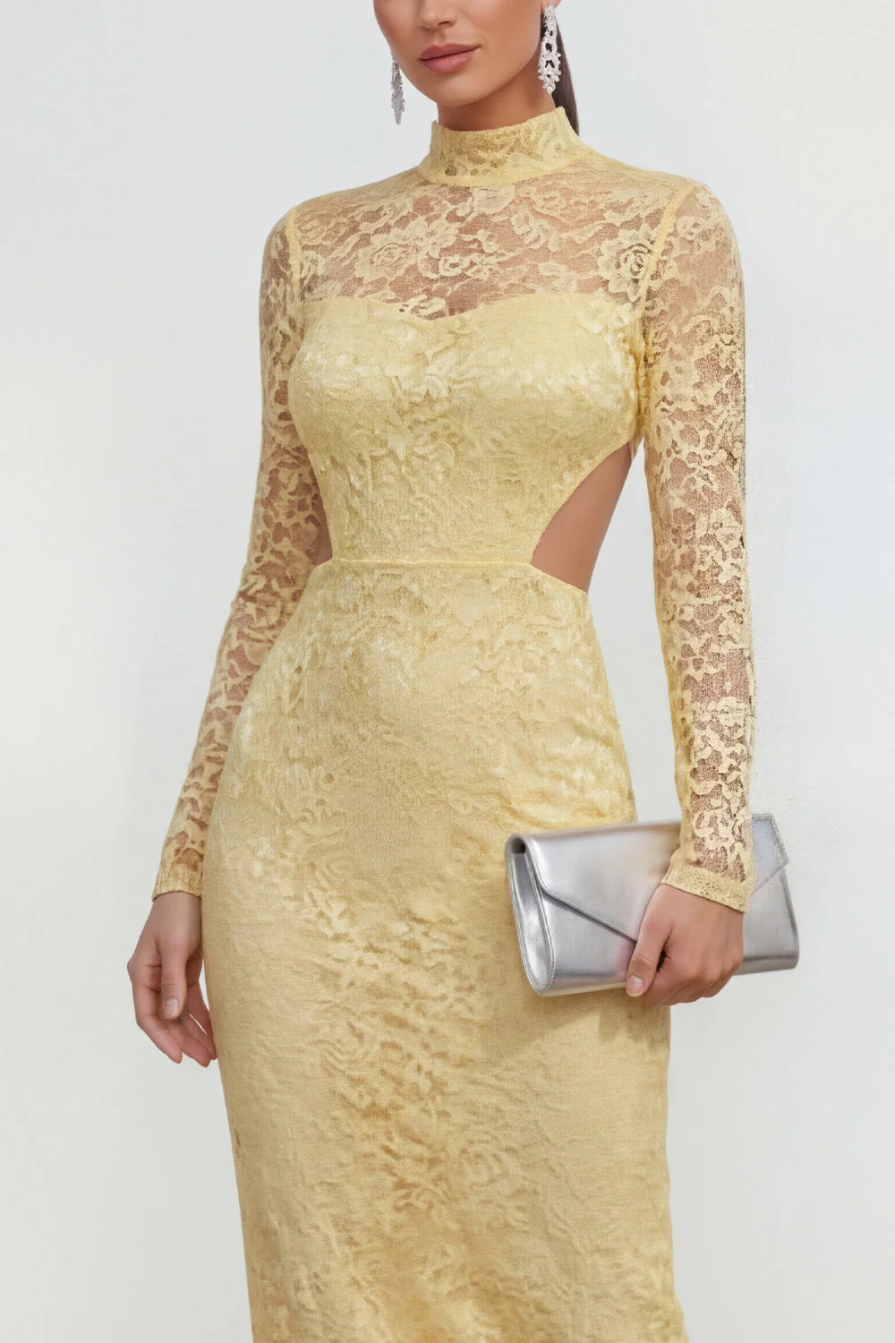 Yellow High Neck Long Sleeves Lace Midi Dress with Slit - Image 3