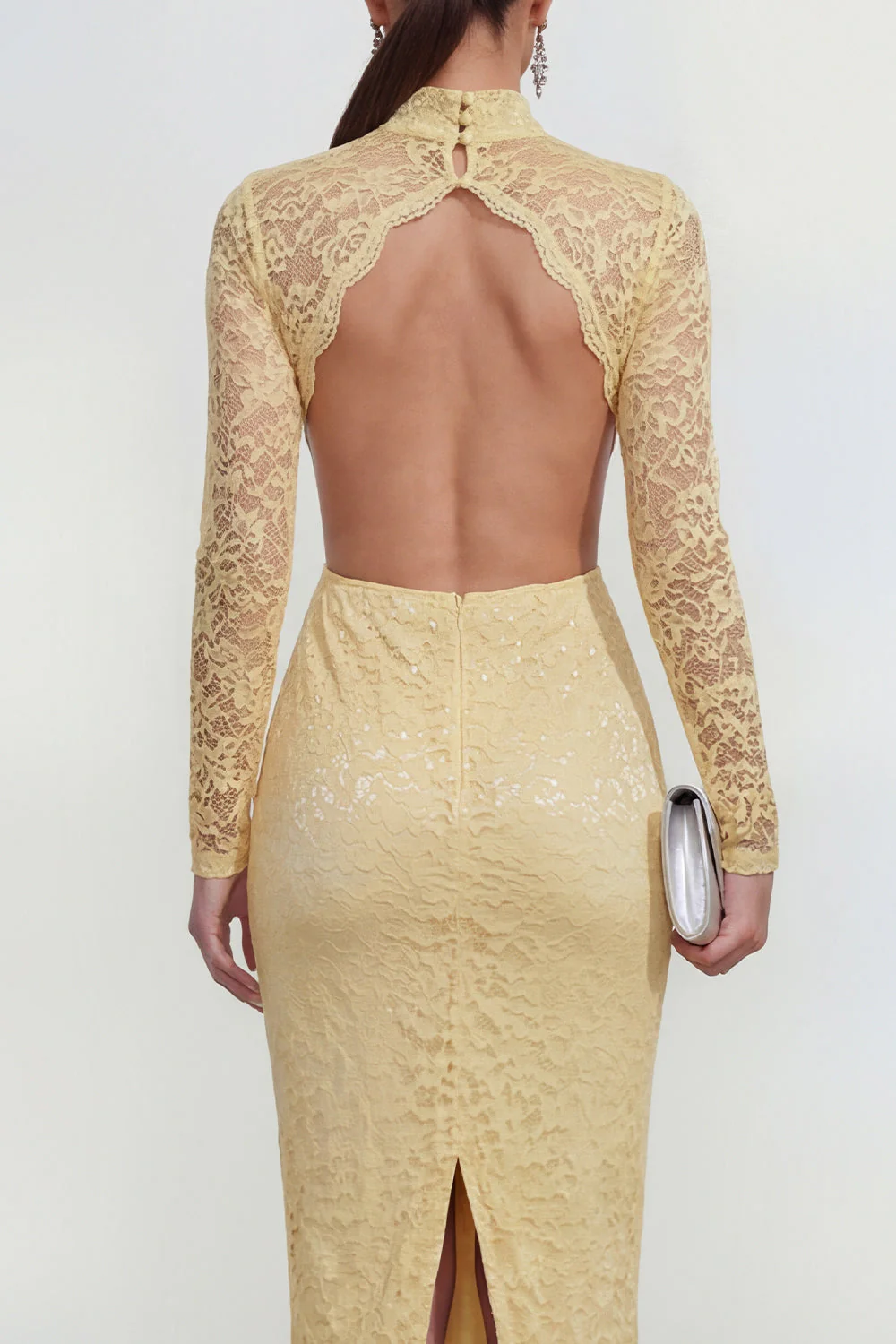 Yellow High Neck Long Sleeves Lace Midi Dress with Slit - Image 4
