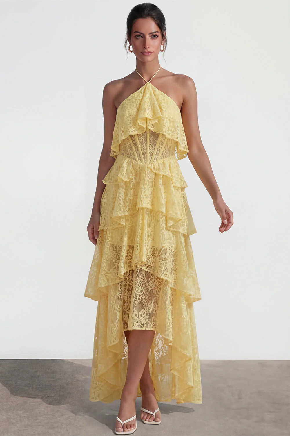 Yellow A Line Asymmetrical Corset Tiered Lace Dress with Ruffles