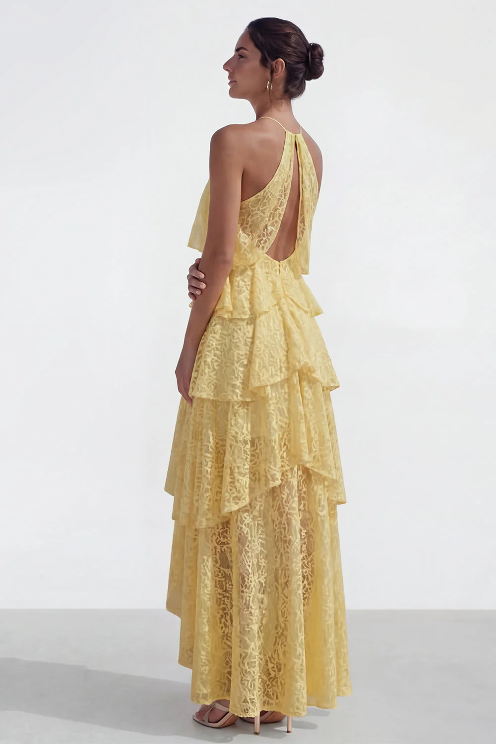 Yellow A Line Asymmetrical Corset Tiered Lace Dress with Ruffles - Image 2