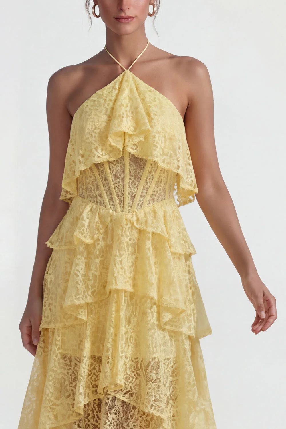 Yellow A Line Asymmetrical Corset Tiered Lace Dress with Ruffles - Image 3