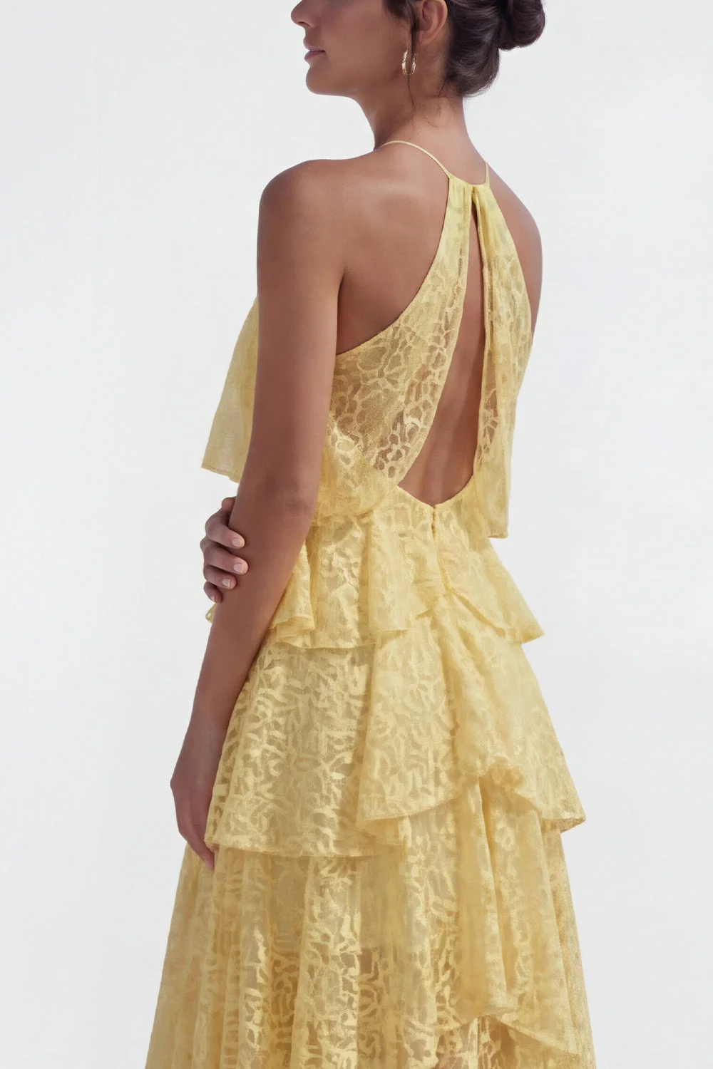 Yellow A Line Asymmetrical Corset Tiered Lace Dress with Ruffles - Image 4
