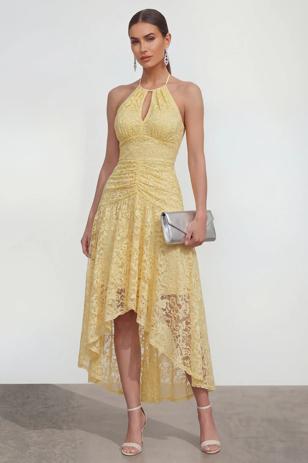 Yellow Lace A-Line Halter Asymmetrical Midi Dress with Keyhole