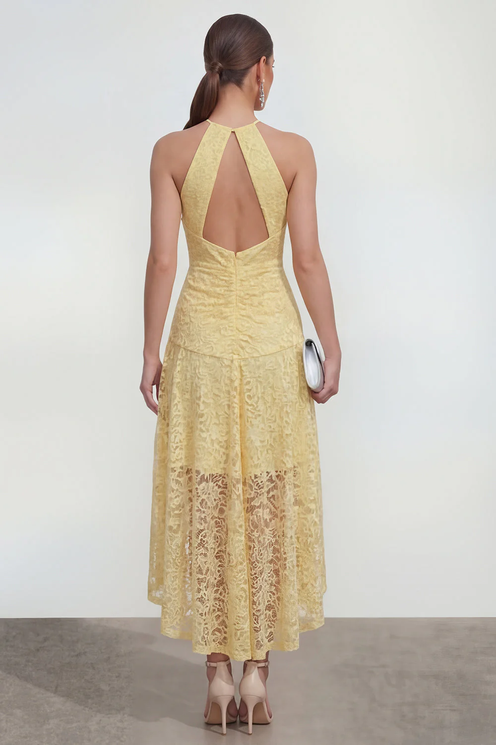 Yellow Lace A-Line Halter Asymmetrical Midi Dress with Keyhole - Image 2