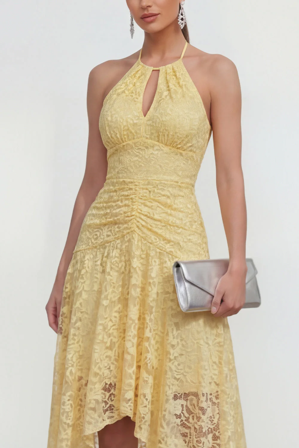 Yellow Lace A-Line Halter Asymmetrical Midi Dress with Keyhole - Image 3