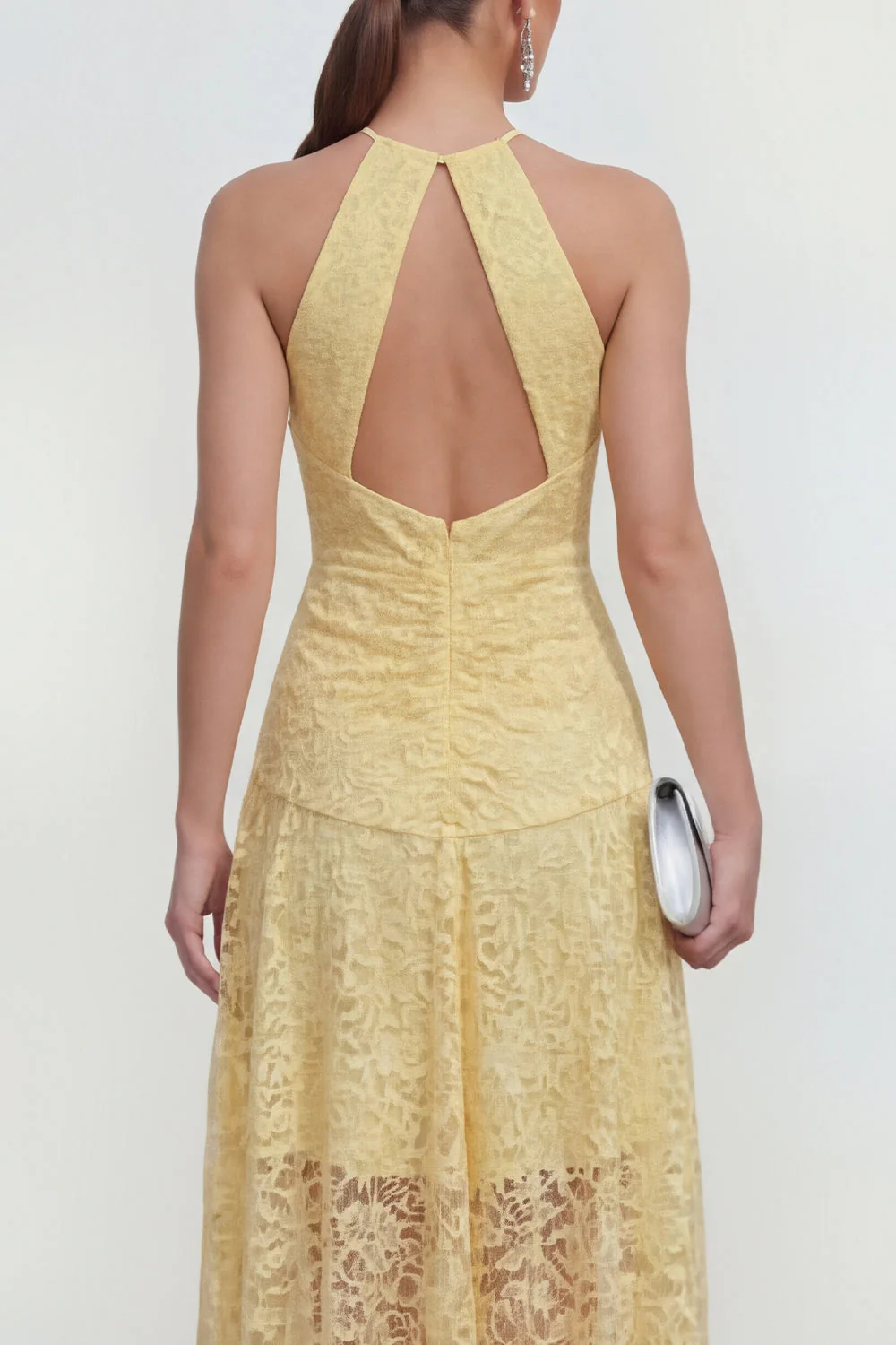 Yellow Lace A-Line Halter Asymmetrical Midi Dress with Keyhole - Image 4
