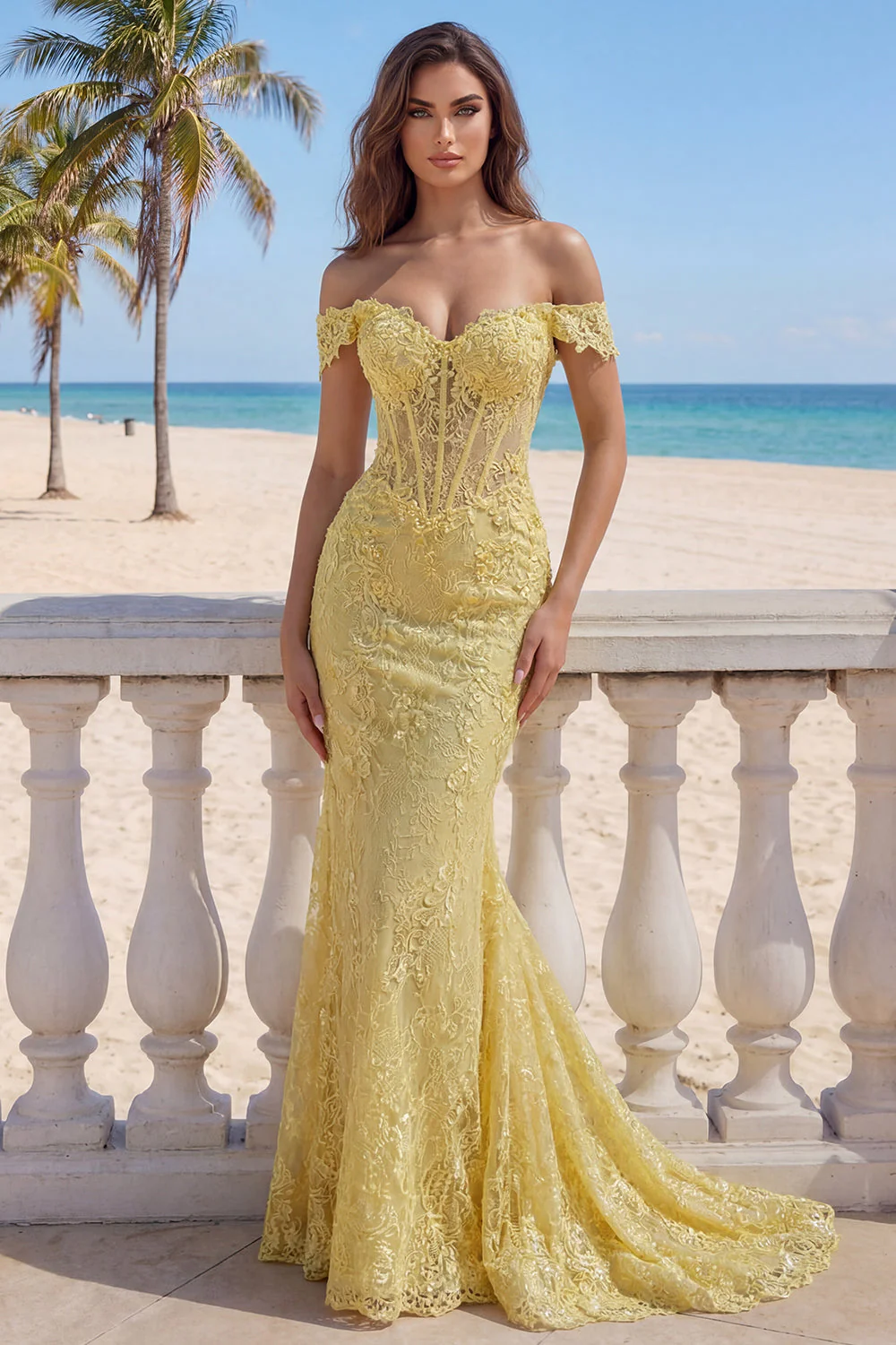 Yellow Off the Shoulder Lace Mermaid Corset Long Prom Dress