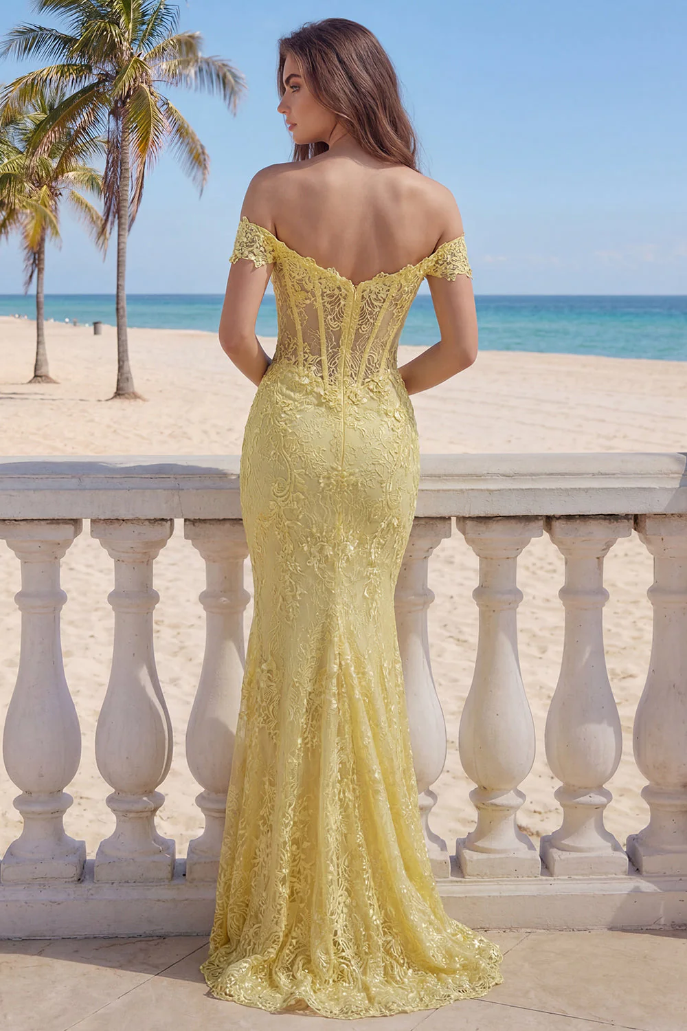 Yellow Off the Shoulder Lace Mermaid Corset Long Prom Dress - Image 2