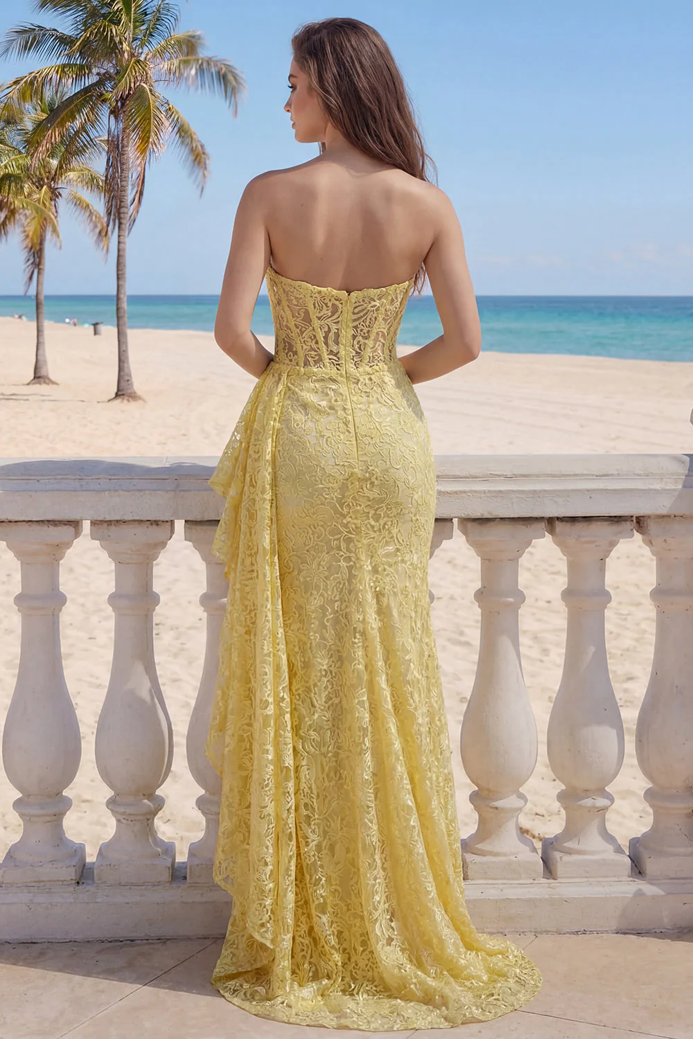 Yellow Mermaid Strapless Corset Ruffled Lace Long Prom Dress with Slit - Image 2
