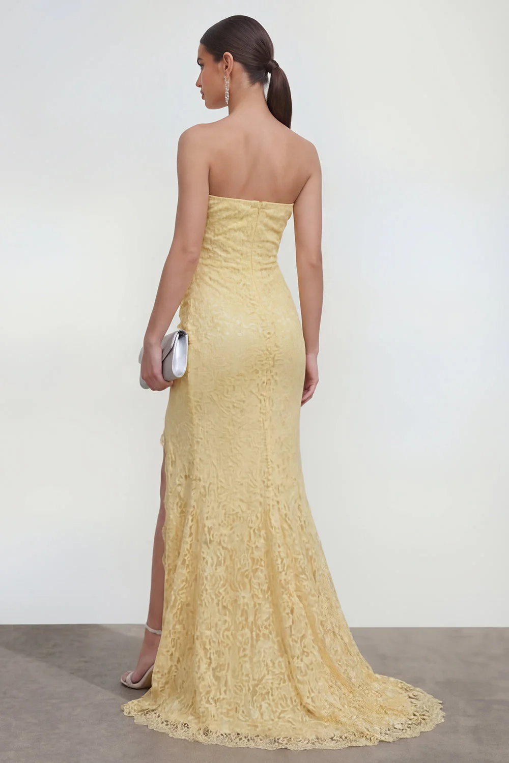 Yellow Lace Strapless Mermaid Maxi Dress with Slit - Image 2