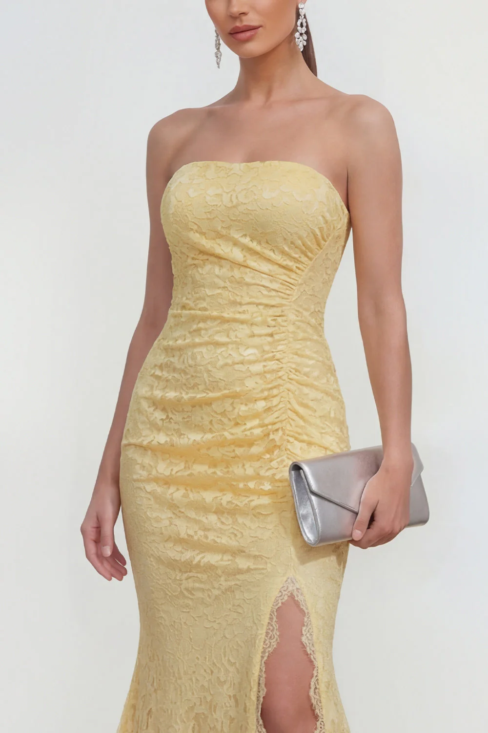 Yellow Lace Strapless Mermaid Maxi Dress with Slit - Image 3