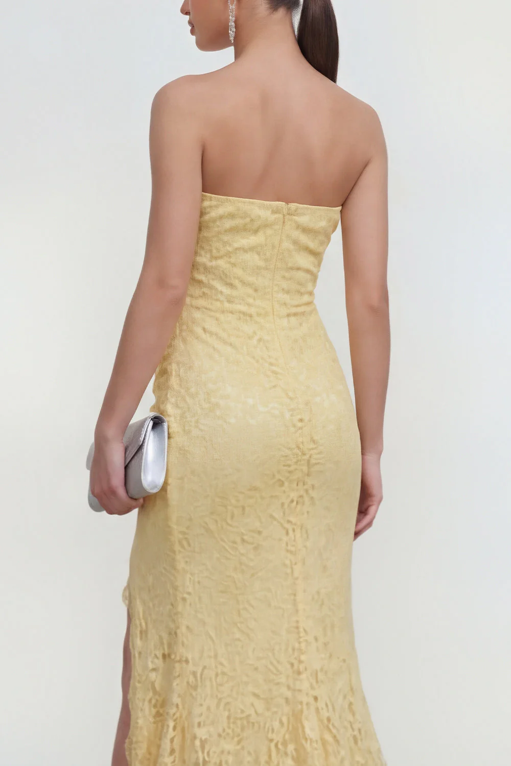 Yellow Lace Strapless Mermaid Maxi Dress with Slit - Image 4
