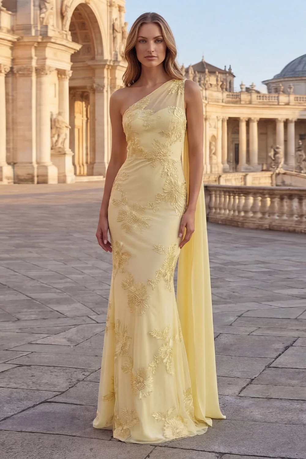 Yellow Mermaid Floral Embroidered One Shoulder Long Prom Dress with Side Cape