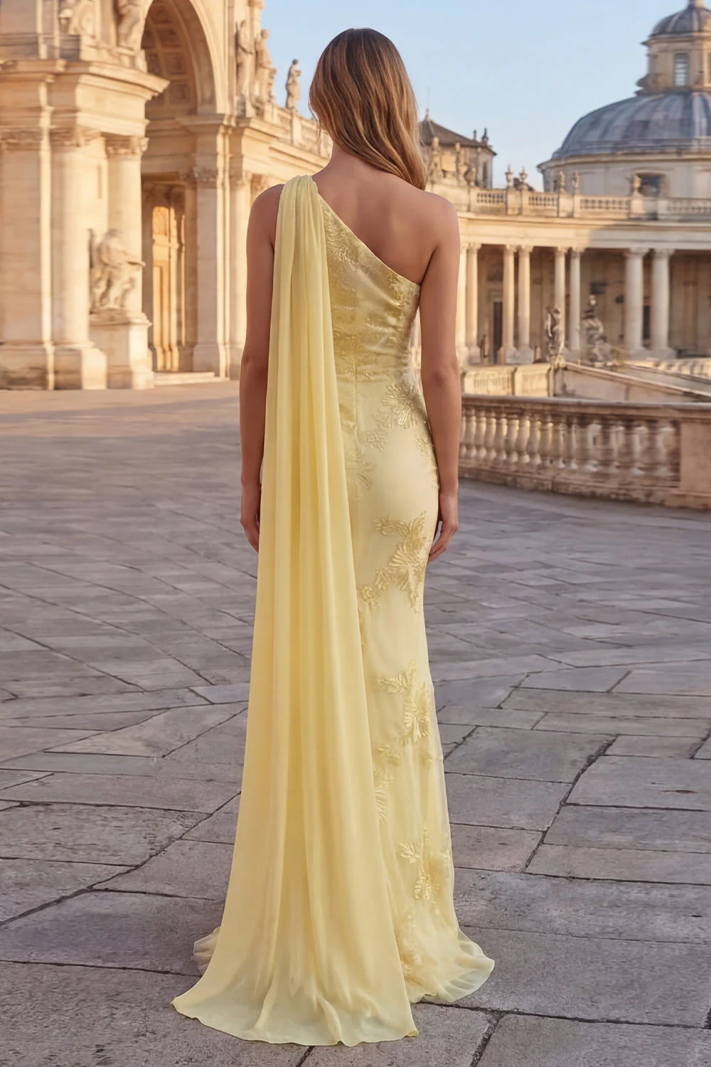 Yellow Mermaid Floral Embroidered One Shoulder Long Prom Dress with Side Cape - Image 2