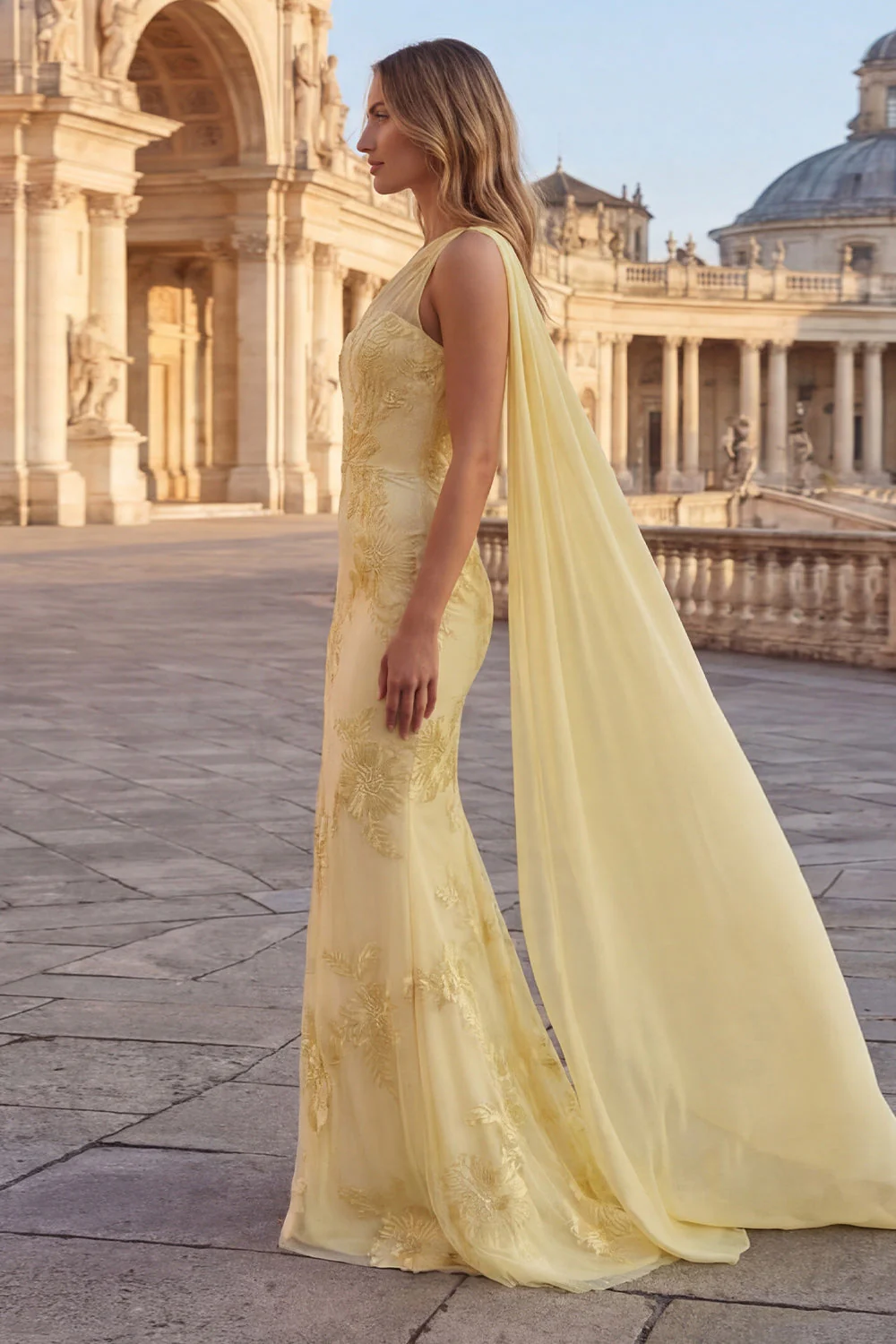 Yellow Mermaid Floral Embroidered One Shoulder Long Prom Dress with Side Cape - Image 3