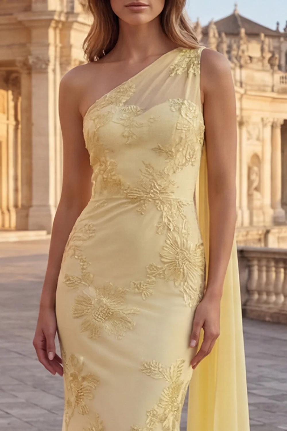 Yellow Mermaid Floral Embroidered One Shoulder Long Prom Dress with Side Cape - Image 4