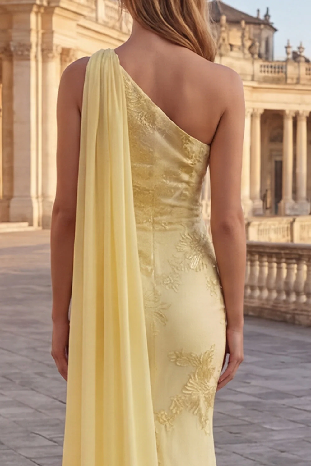 Yellow Mermaid Floral Embroidered One Shoulder Long Prom Dress with Side Cape - Image 5