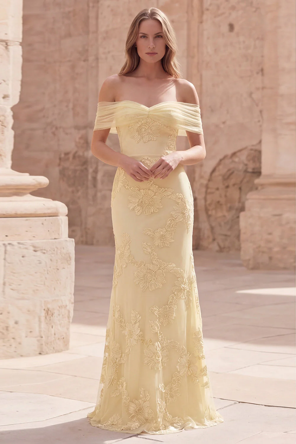 Yellow Floral Off the Shoulder Mermaid Long Prom Dress with Embroidery