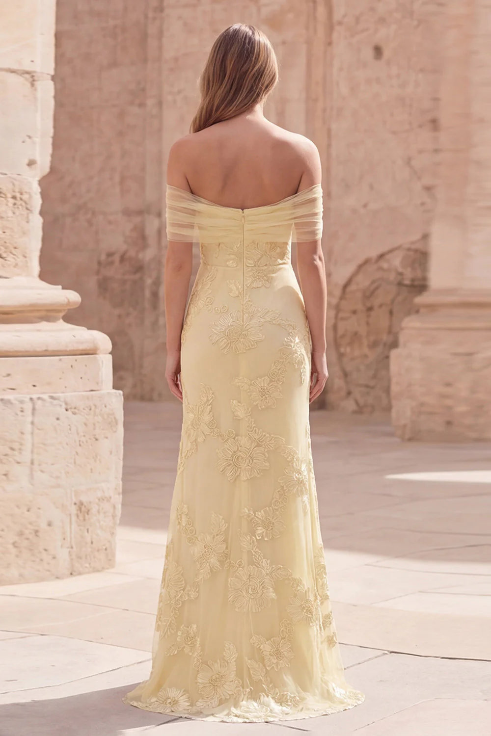 Yellow Floral Off the Shoulder Mermaid Long Prom Dress with Embroidery - Image 2