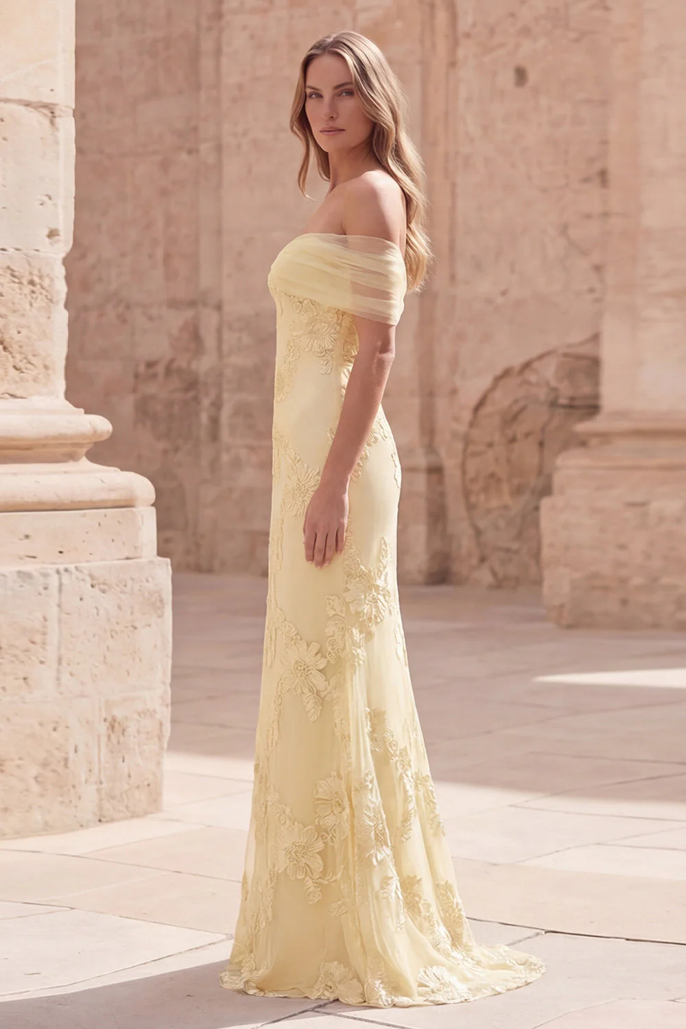 Yellow Floral Off the Shoulder Mermaid Long Prom Dress with Embroidery - Image 3