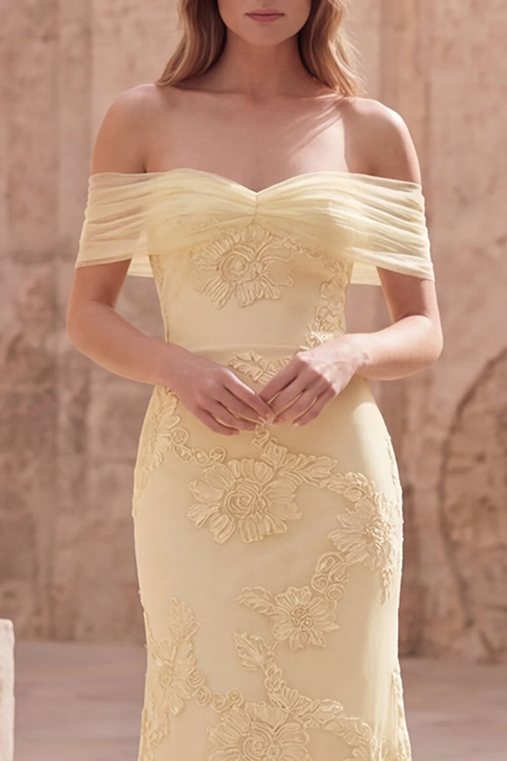 Yellow Floral Off the Shoulder Mermaid Long Prom Dress with Embroidery - Image 4