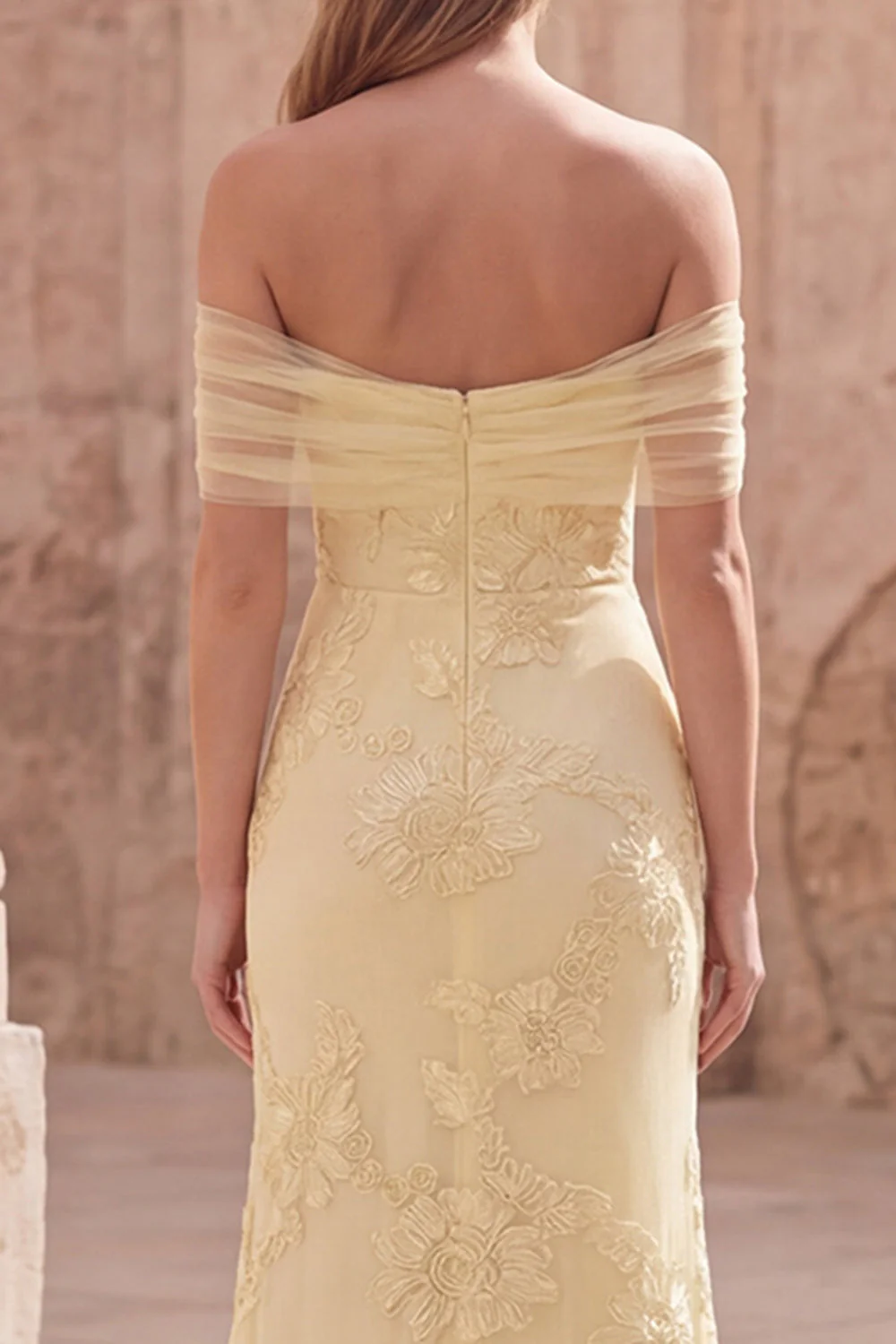 Yellow Floral Off the Shoulder Mermaid Long Prom Dress with Embroidery - Image 5