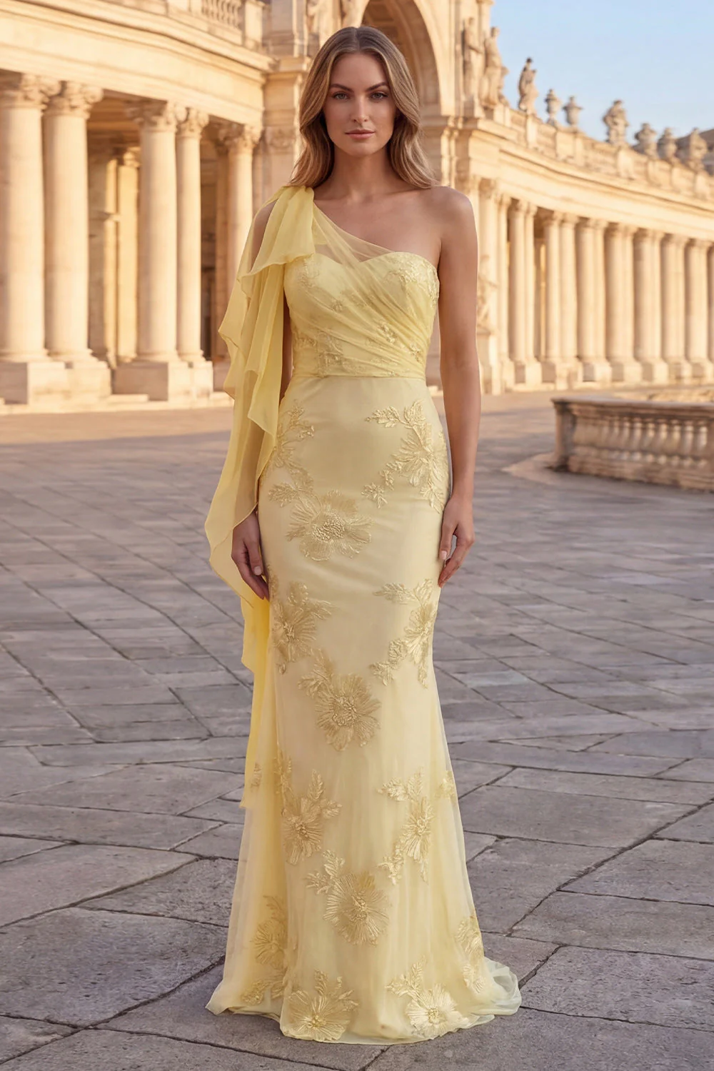 Yellow One Shoulder Mermaid Embroidered Long Prom Dress with Sash