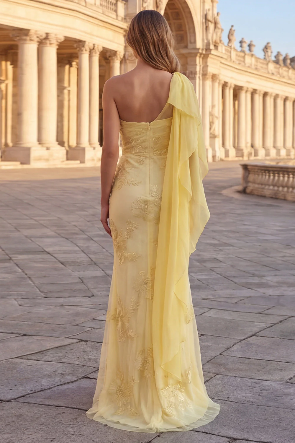Yellow One Shoulder Mermaid Embroidered Long Prom Dress with Sash - Image 2