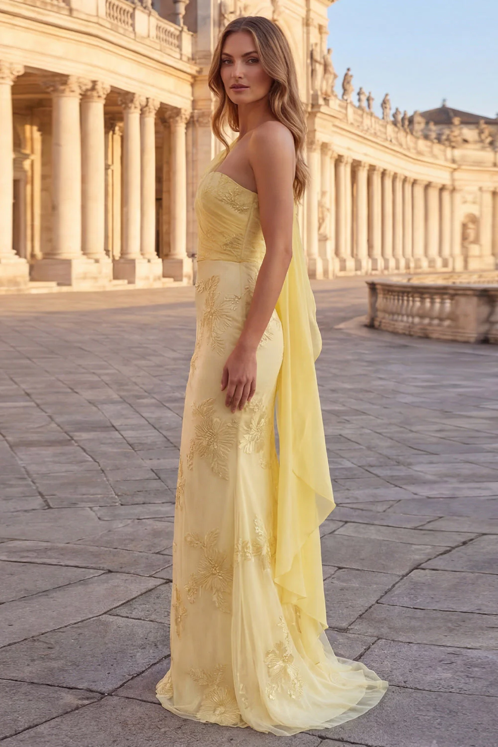 Yellow One Shoulder Mermaid Embroidered Long Prom Dress with Sash - Image 3