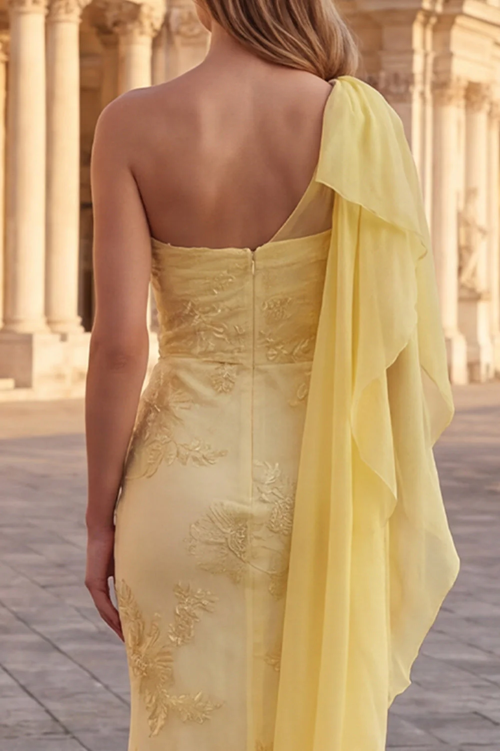 Yellow One Shoulder Mermaid Embroidered Long Prom Dress with Sash - Image 5