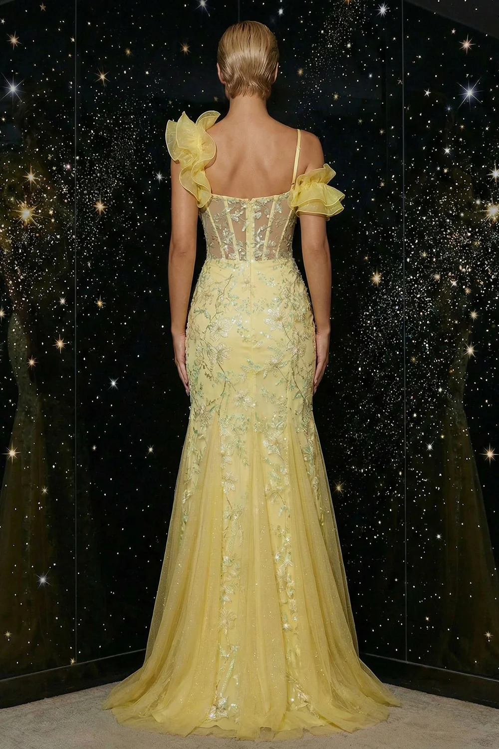 Yellow One Shoulder Sheer Corset Mermaid Sequin Long Evening Dress with Slit - Image 2