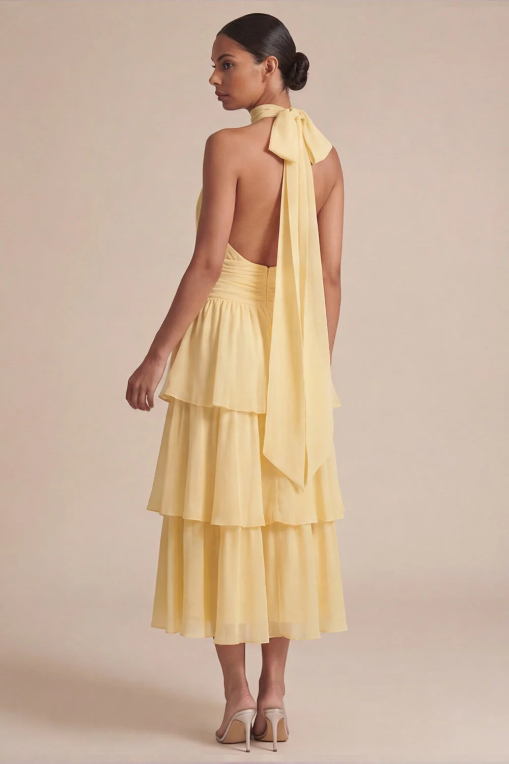 Yellow Ruffled A Line Halter Midi Chiffon Dress with Bow - Image 2