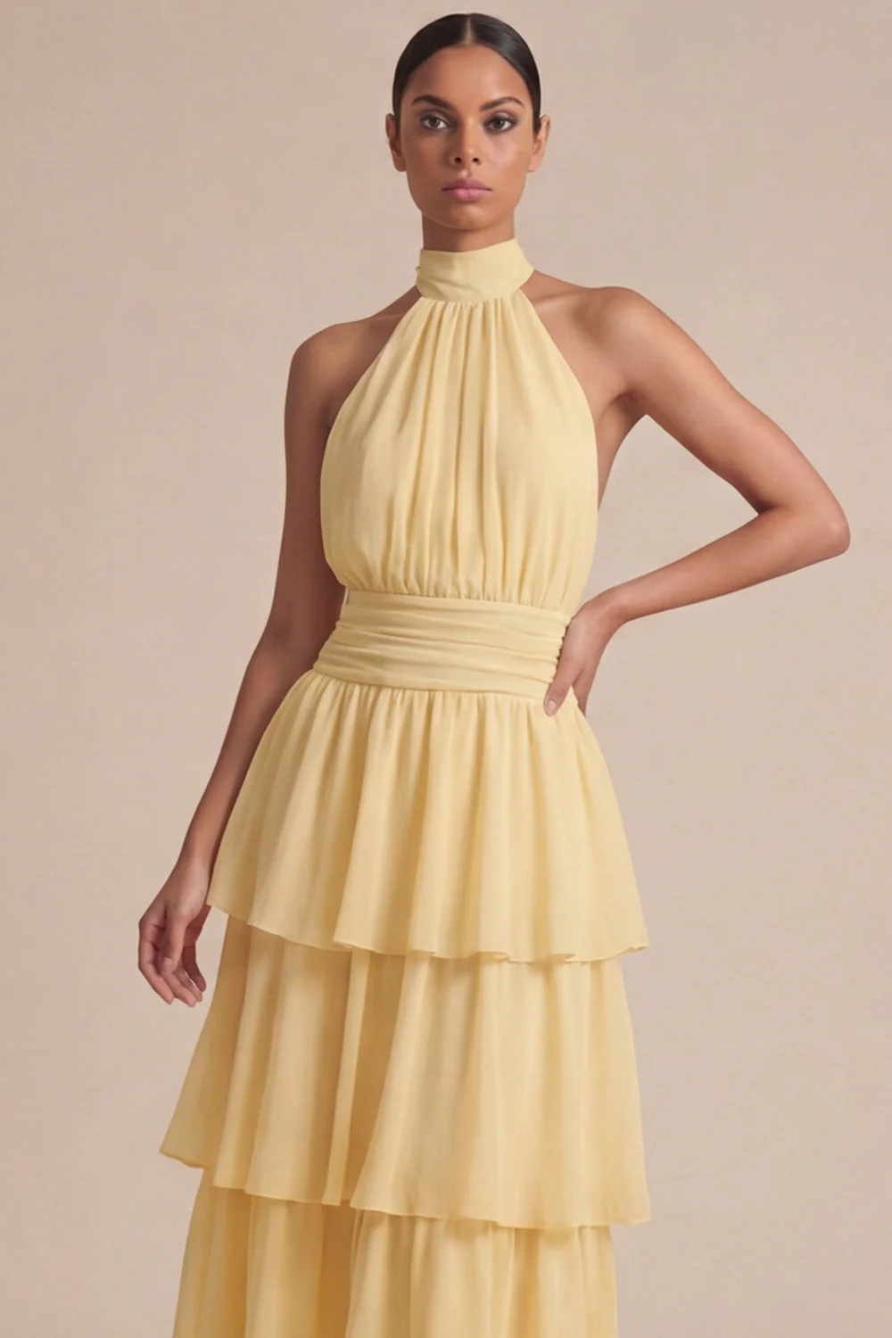 Yellow Ruffled A Line Halter Midi Chiffon Dress with Bow - Image 3