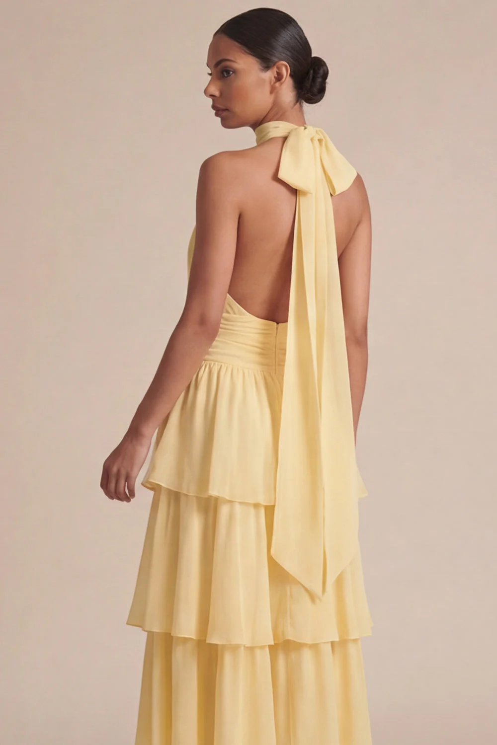 Yellow Ruffled A Line Halter Midi Chiffon Dress with Bow - Image 4