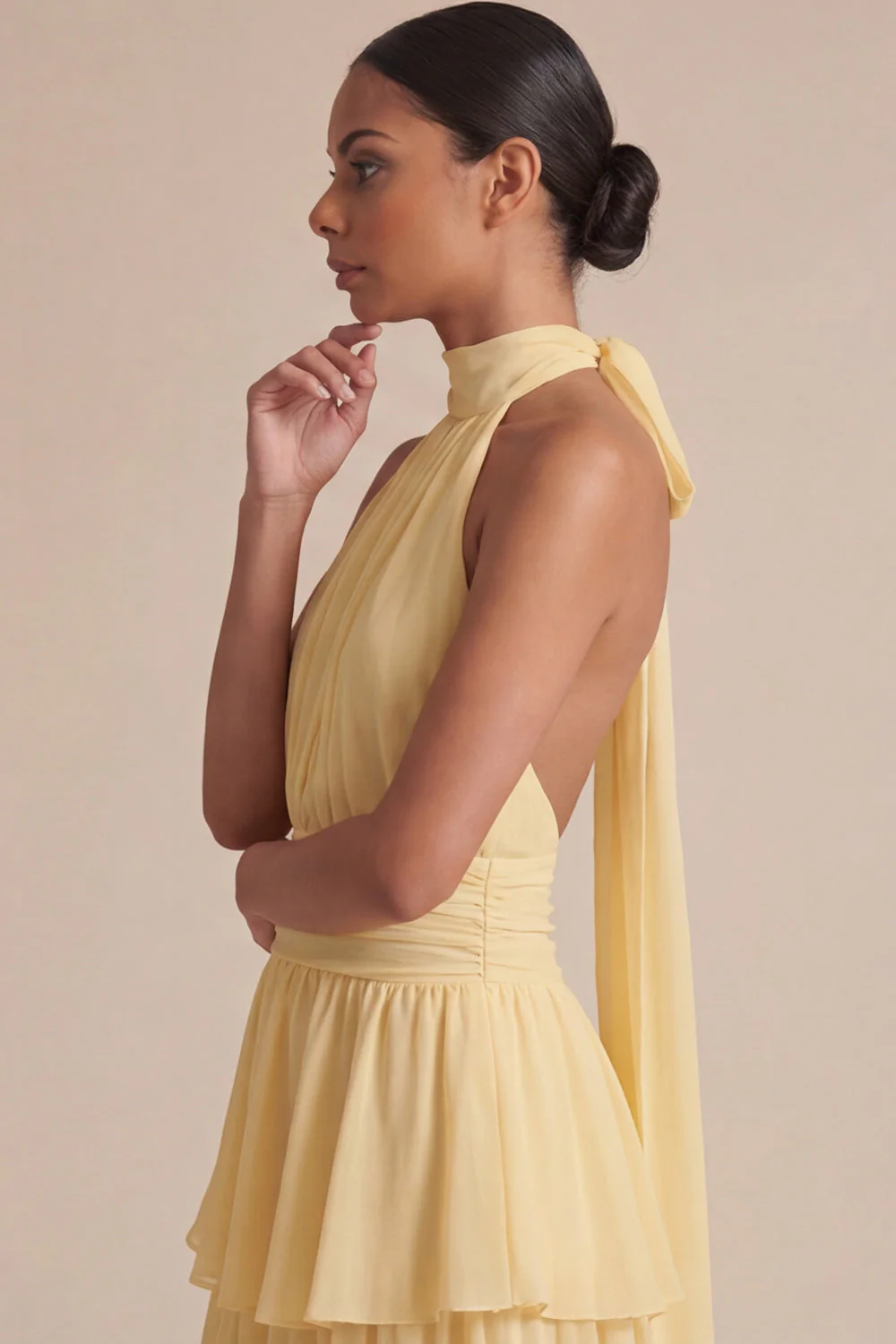 Yellow Ruffled A Line Halter Midi Chiffon Dress with Bow - Image 5