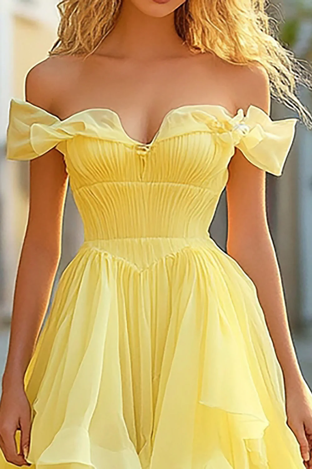 Yellow Ruffled A Line Long Prom Dress with Slit - Image 2