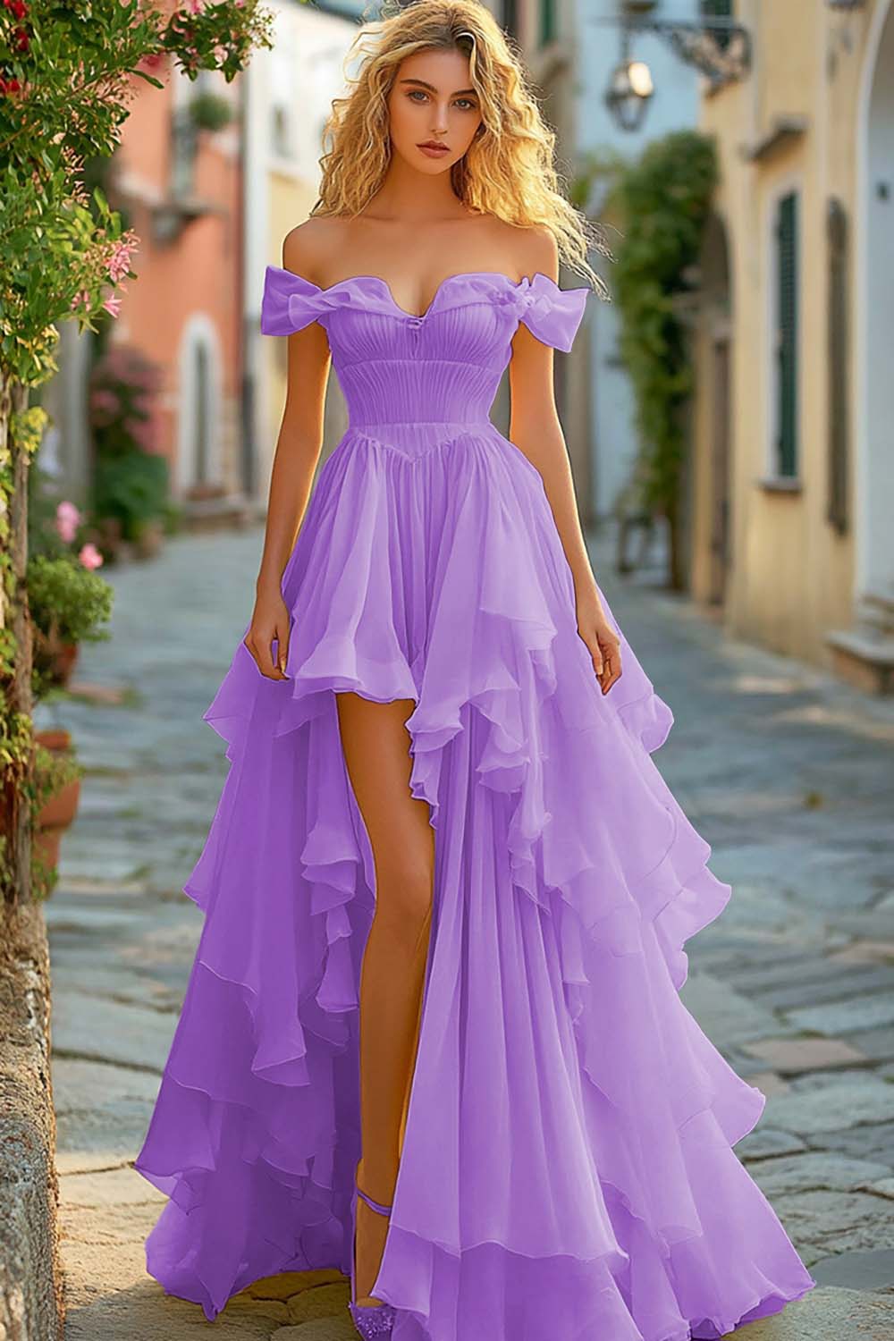Yellow Ruffled A Line Long Prom Dress with Slit - Image 8