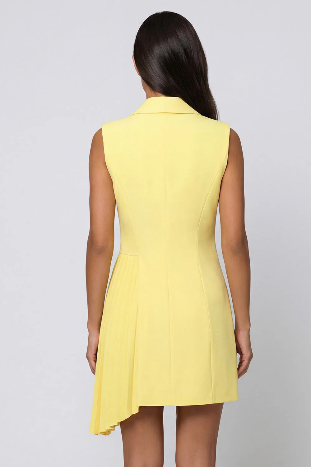 Yellow Shawl Lapel Pleated Asymmetrical Work Dress - Image 2